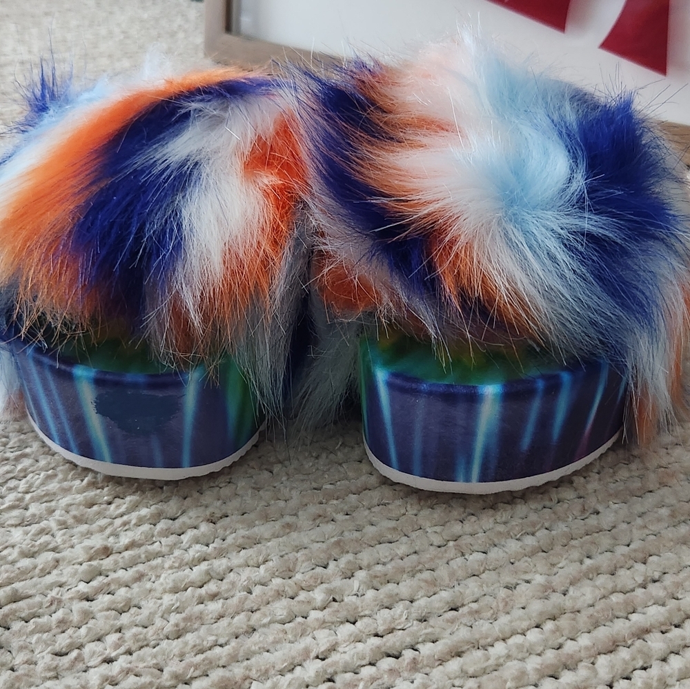Faux Fur Tie Dye Platform Slides Blue Multi - Picture 10 of 12